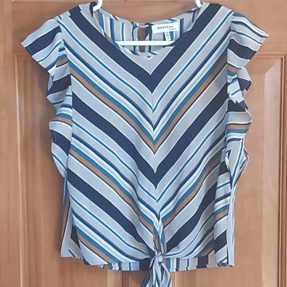 Monteau Womens Flutter Sleeve Striped Tie Front Top Size Small Beach Top
